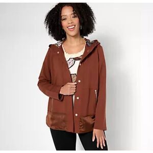 Sport Savvy Womens XL Zip French Terry‎ Satin Hooded Jacket Brown Stretch NWOT